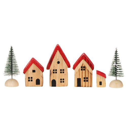 Holz Dekohaus Set mit roten Dächern und Tannenbäumen 12cm 6-tlg | Floristik24.de