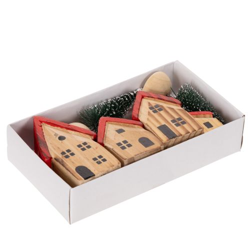 Holz Dekohaus Set mit roten Dächern und Tannenbäumen 12cm 6-tlg | Floristik24.de