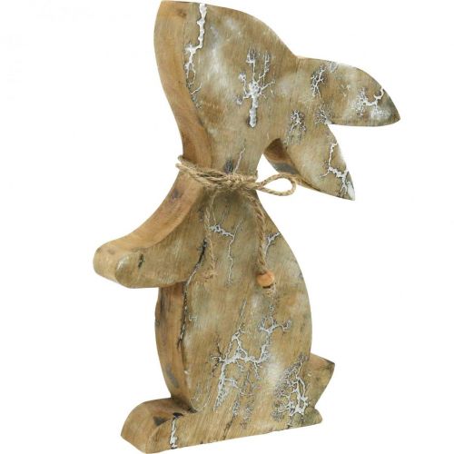 Holzhase, Frühling, Osterhase sitzend, Osterdeko mit Muster  Natur, Weiß gewaschen H26cm-02188