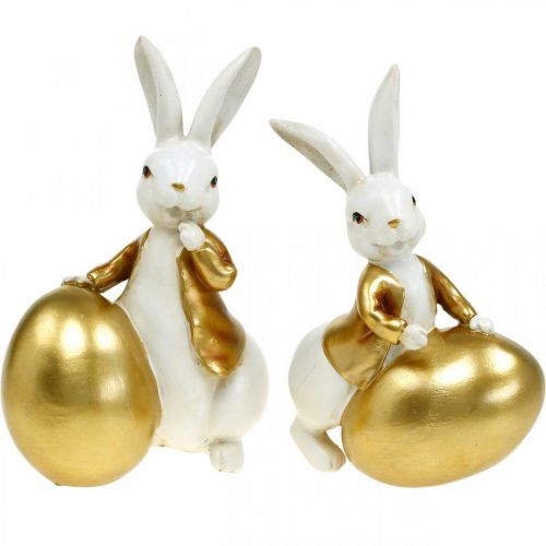 Floristik24 Osterhasen Weiß-Golden, Osterdeko, Deko-Hasen mit Ei H16/18cm 2er-Set