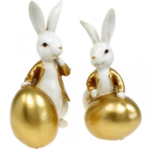 Osterhasen Weiß-Golden, Osterdeko, Deko-Hasen mit Ei H16/18cm 2er-Set