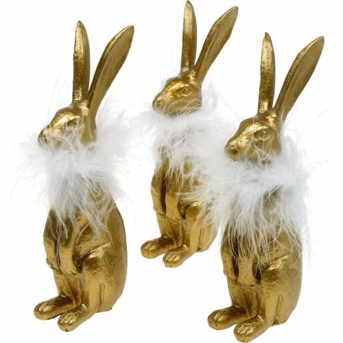 Floristik24 Aufrecht sitzende Hasen, Osterdeko Golden, Frühling, Osterhasen mit Federn 3St