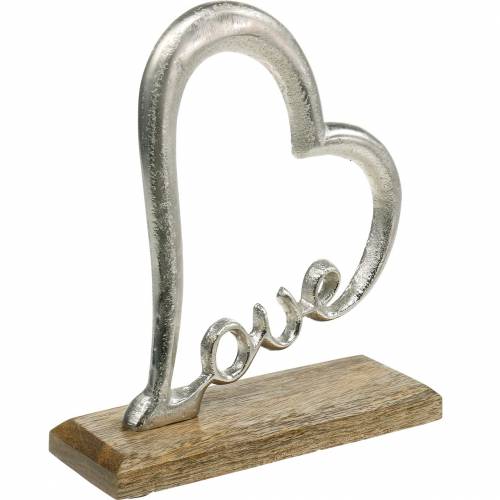 Floristik24 Tischdekoration Herz „Love“ auf Holzsockel Mango Metalldeko Silbern