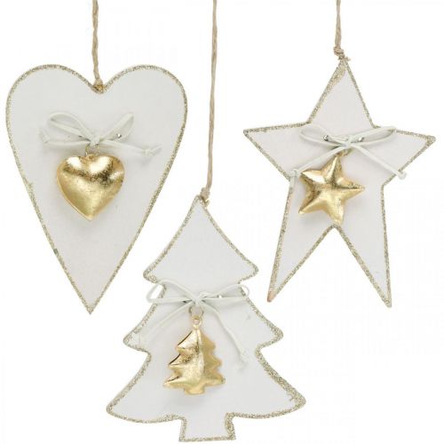 Artikel Weihnachtsanhänger Herz / Tanne /Stern, Holzdeko, Baumschmuck mit Glöckchen Weiß, Golden H14,5/14/15,5cm 3St