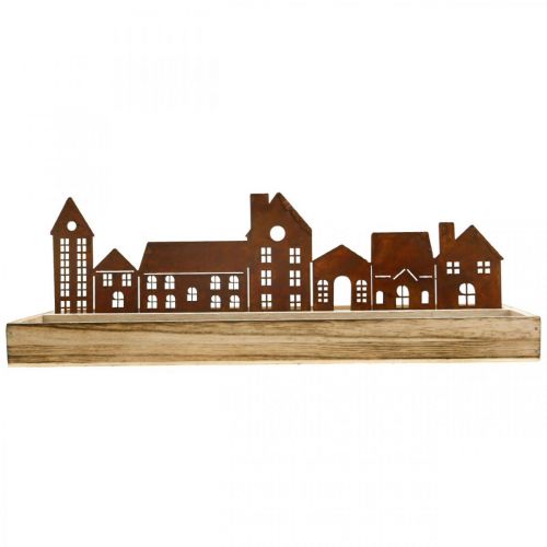 Floristik24 Deko Tablett Holz rechteckig mit Edelrost Häuser 35×15cm