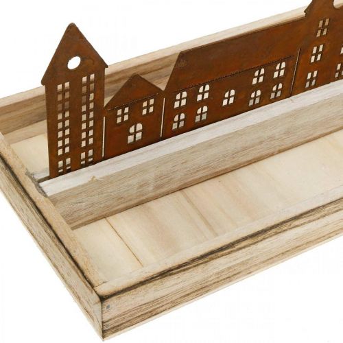 Floristik24 Deko Tablett Holz rechteckig mit Edelrost Häuser 35×15cm