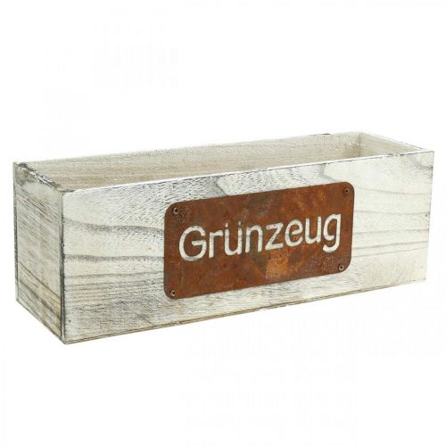 Pflanzkasten “Grünzeug”, Übertopf, Gartendeko aus Holz Weiß gewaschen, Edelrost L35cm H12cm