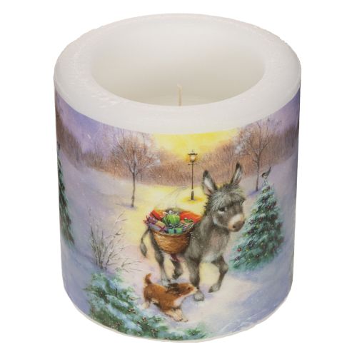 Stumpenkerze Winterlandschaft mit Esel und Hund-Motiv 10cm