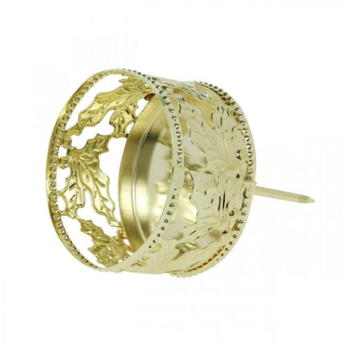 Floristik24 Teelichthalter zum Stecken, Adventsdeko, Kerzenhalter Stechpalmendekor Golden Ø5,5cm 4 St