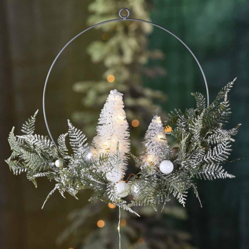 Floristik24 Beleuchteter Kranz mit Tannen und Kugeln, Advent, Winterdeko zum Hängen, LED-Deko-Ring Silbern B45cm Ø30cm