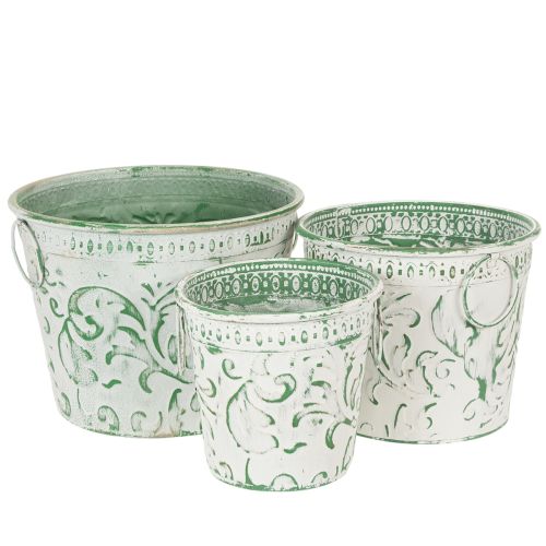 Floristik24 Metall-Töpfe mit Henkeln, Pflanzkübel mit Prägung Weiß, Grün Shabby Chic H20,5/18,5/16cm Ø25,5/20,5/15,5cm 3er-Set