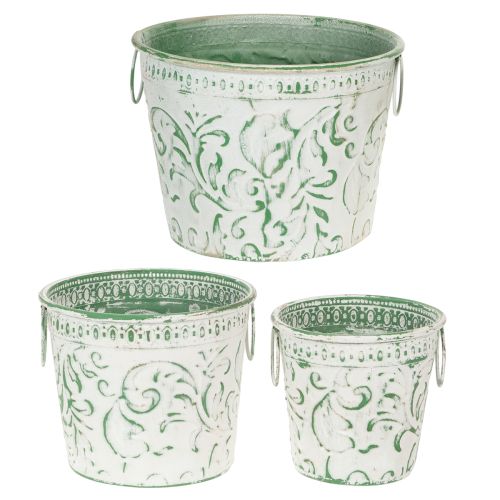 Artikel Metall-Töpfe mit Henkeln, Pflanzkübel mit Prägung Weiß, Grün Shabby Chic H20,5/18,5/16cm Ø25,5/20,5/15,5cm 3er-Set