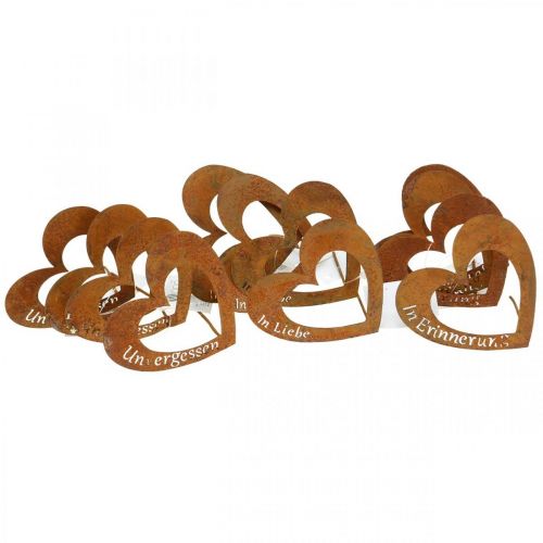 Artikel Herzstecker “In Erinnerung” „In Liebe" „Unvergessen”, Trauerdeko, Metall Edelrost 8×7cm 12St