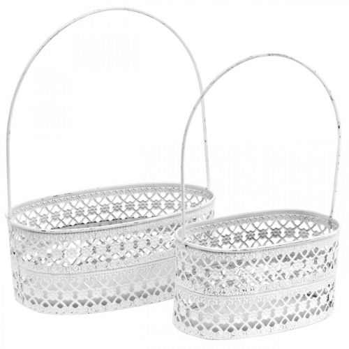 Floristik24 Metallkörbchen oval, Deko-Gefäß zum Bepflanzen Weiß, Silbern Vintage Optik L17/22cm H25/28cm 2er-Set