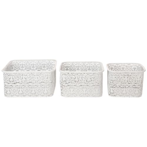 Metallschalen Spitzenmuster, Dekogefäß Eckig, Shabby Chic, Weiß 27/23/19cm H13,5cm 3er-Set | Floristik24.de