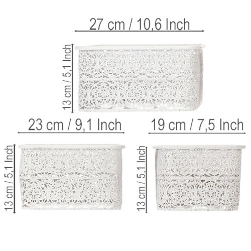 Metallschalen Spitzenmuster, Dekogefäß Eckig, Shabby Chic, Weiß 27/23/19cm H13,5cm 3er-Set | Floristik24.de