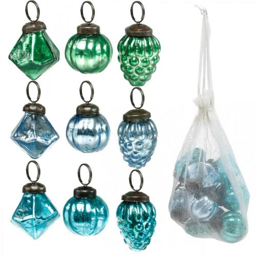 Floristik24 Mini-Glaskugel-Mix, Diamant/Kugel/Zapfen, Christbaumschmuck Antik-Optik Ø3–3,5cm H4,5–5,5cm 9St