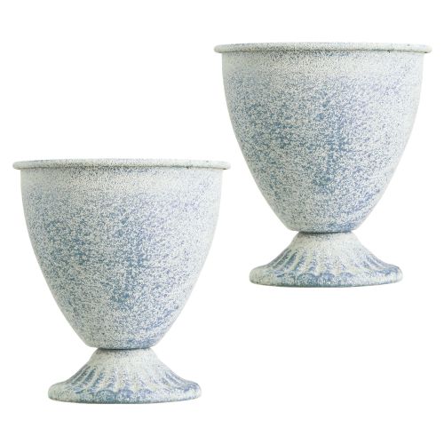 Artikel Mini Pokal Vase Kelch Metall Weiß Blau Vintage Dekoration 11,5cm 2er Set