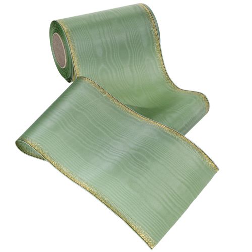 Artikel Moiré Kranzband Salbei-Grün mit Goldrand, 150mm x 25m, Dekoratives Band für Floristik und Kränze
