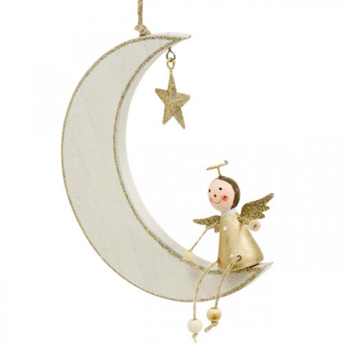 Floristik24 Adventsdeko, Engel auf Mond, Holzdeko zum Hängen Weiß, Golden H14,5cm B21,5cm 3 St