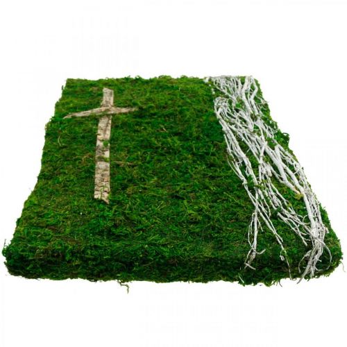 Moosbild Reben und Kreuz für Grabgesteck Grün, Weiß 40×30cm