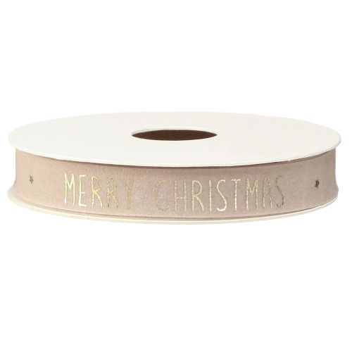 Floristik24 Natürliches Samt Weihnachtsband mit 'Merry Christmas' in Gold Breit 15mm Länge 5m