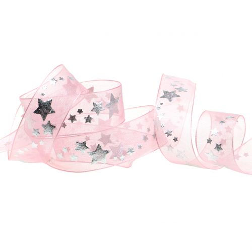 Floristik24 Dekoband Organza mit Sternmotiv Rosa 25mm 20m