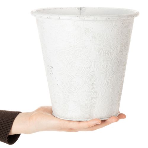 Pflanzgefäß, Übertopf mit Ornamenten, Metalldeko Weiß, Grau Ø20,5cm H19,5cm | Floristik24.de