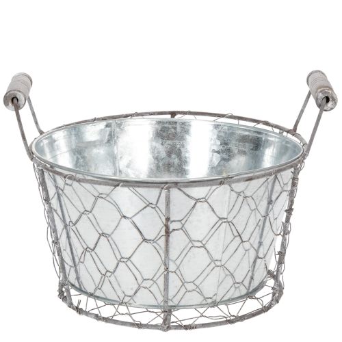 Pflanzkorb mit Einsatz, Drahtkörbchen, Pflanzgefäß Frühling Silbern, Weiß gewaschen, Shabby Chic Ø22cm H17,5cm | Floristik24.de