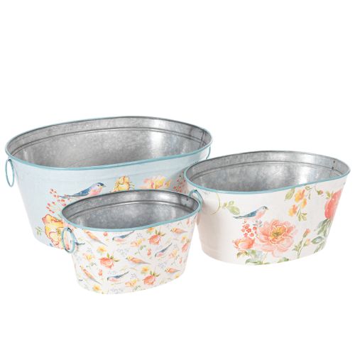 Pflanzschalen, Frühling, Pflanzkübel Blumen/Vögel, Metallgefäß oval L39/31/24,5cm 3er-Set kaufen | Floristik24.de