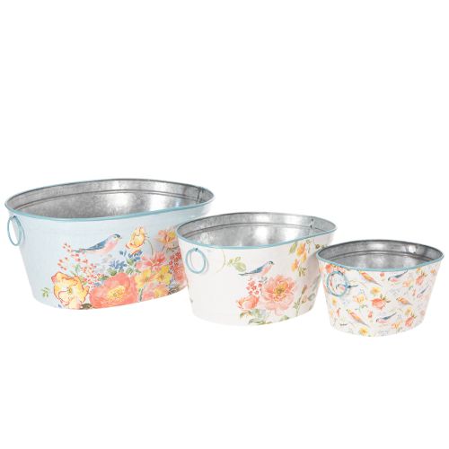 Pflanzschalen, Frühling, Pflanzkübel Blumen/Vögel, Metallgefäß oval L39/31/24,5cm 3er-Set | Floristik24.de