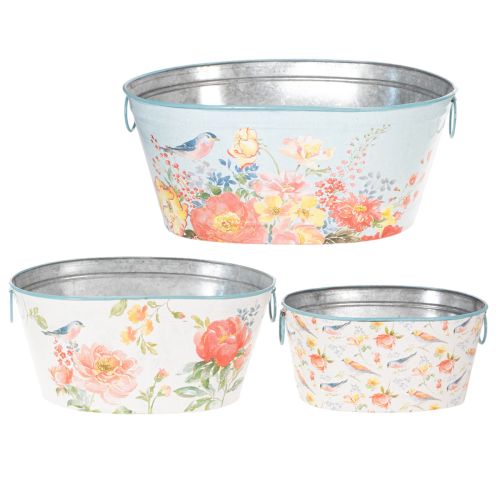 Pflanzschalen, Frühling, Pflanzkübel Blumen/Vögel, Metallgefäß oval L39/31/24,5cm 3er-Set | Floristik24.de