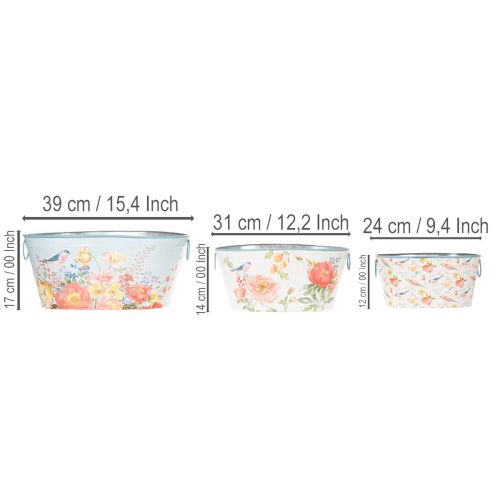 Pflanzschalen, Frühling, Pflanzkübel Blumen/Vögel, Metallgefäß oval L39/31/24,5cm 3er-Set | Floristik24.de