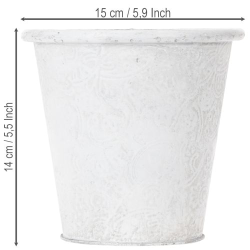 Pflanztopf mit Ornamenten, Übertopf, Metallgefäß Weiß Ø15,5cm H14,5cm | Floristik24.de