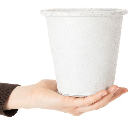Pflanztopf mit Ornamenten, Übertopf, Metallgefäß Weiß Ø15,5cm H14,5cm | Floristik24.de
