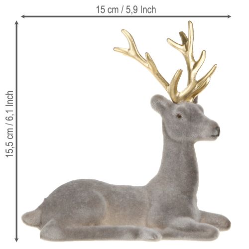 Artikel Reh sitzend Deko Hirsch beflockt Grau Gold 15×6×15,5cm 3St