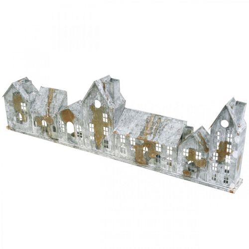 Häuser zum Beleuchten, Fensterdeko, Lichterhäuser Silbern, Metallwindlicht Antik-Look L67,5cm H20cm | Floristik24.de