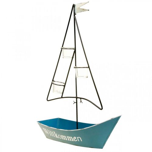 Windlicht Metall Schiff Maritime Deko Blau 38x14x55cm