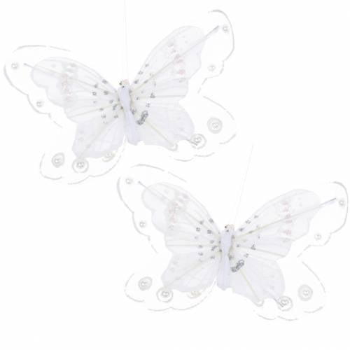Feder Schmetterling auf Clip Weiß 10cm 12 St