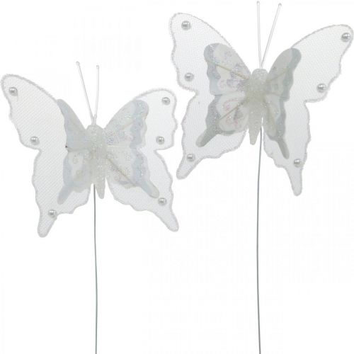 Artikel Schmetterlinge mit Perlen und Glimmer, Hochzeitsdeko, Federschmetterling am Draht Weiß