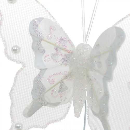 Schmetterlinge mit Perlen und Glimmer, Hochzeitsdeko, Federschmetterling am Draht Weiß