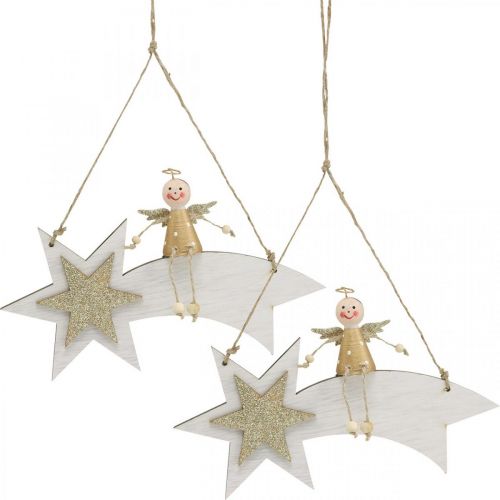 Engel auf Sternschnuppe, Weihnachtsdeko zum Hängen, Advent Weiß, Golden H13cm B21,5cm 2St