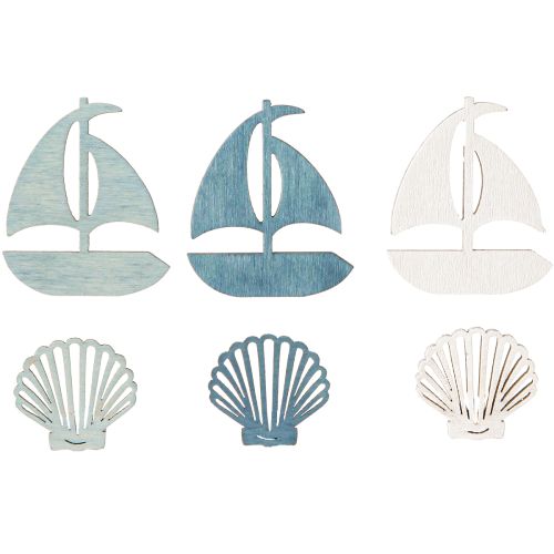 Artikel Streuteile Holz Deko Muschel Boot Blau Weiß 2,5/4cm 72 St