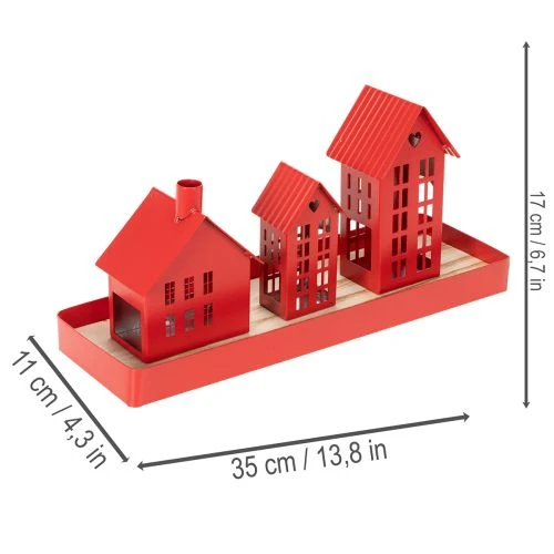 Metall Windlicht Häuser Rot mit Tablett 35cm 1Set | Floristik24.de