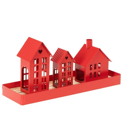 Metall Windlicht Häuser Rot mit Tablett 35cm 1Set | Floristik24.de