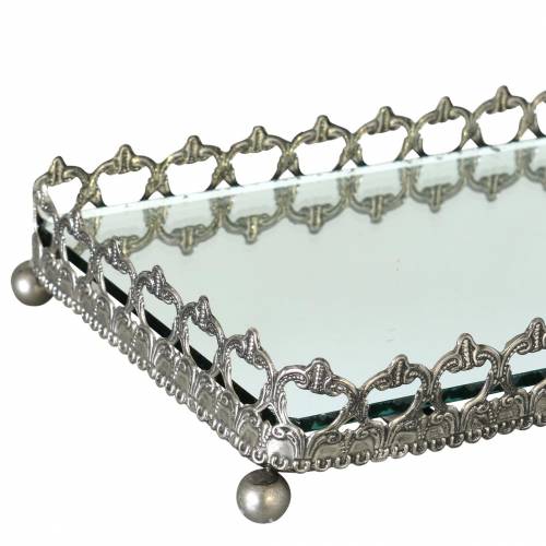 Floristik24 Deko Tablett mit Spiegelboden Antik Silber 53cm x 18cm