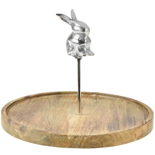 Floristik24 Holztablett Natur Hase Deko Metall Silber Ø27,5cm H21cm