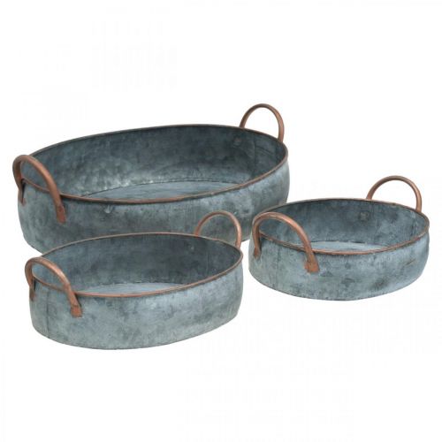 Floristik24 Metallschale mit Griffen, Pflanzgefäß, Dekotablett Shabby Chic Silbern, Weiß gewaschen L35,5/30,5/26,5cm 3er-Set