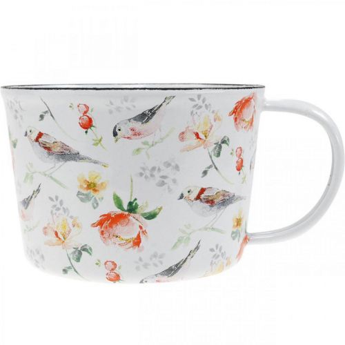 Floristik24 Pflanztasse Vögel / Blumen, Übertopf, Deko-Tasse aus Emaille, Pflanzgefäß Ø10cm H7cm