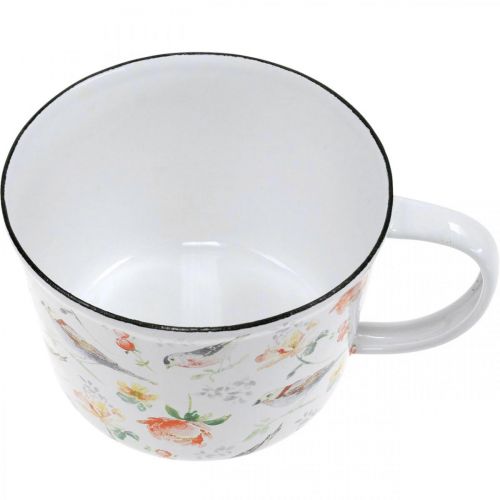 Floristik24 Pflanztasse Vögel / Blumen, Übertopf, Deko-Tasse aus Emaille, Pflanzgefäß Ø10cm H7cm